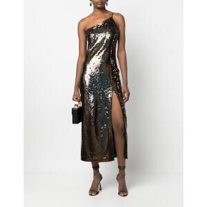 Ilkyaz Ozel Black Sequin Asymmetric Midi Dress Party Glam Chic Size 34